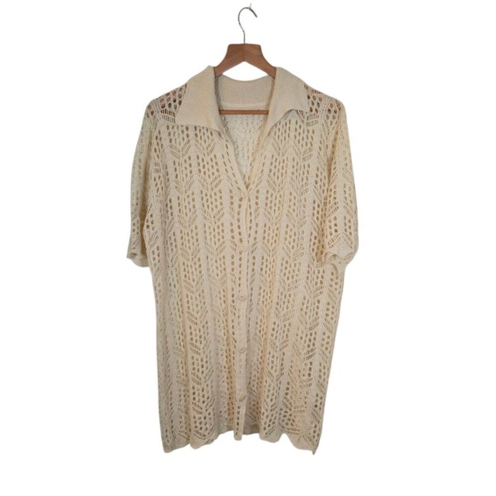 Womens Cream Crochet Button Up Cardigan Size XL Casual Preppy Feminine